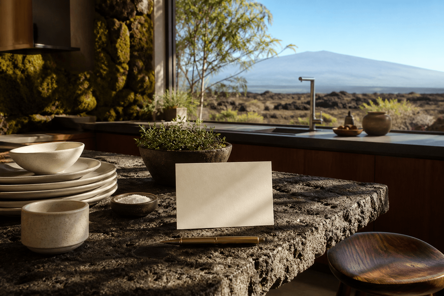 A Kona lava-stone kitchen in hard sun, blank cream card, Mauna Kea faint.