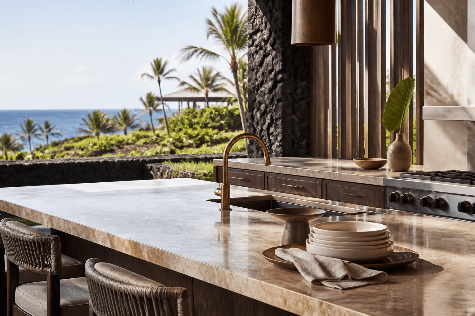 A Mauna Kea resort-belt kitchen in hard sun, unused ivory plates, lava terrace, not the summit.