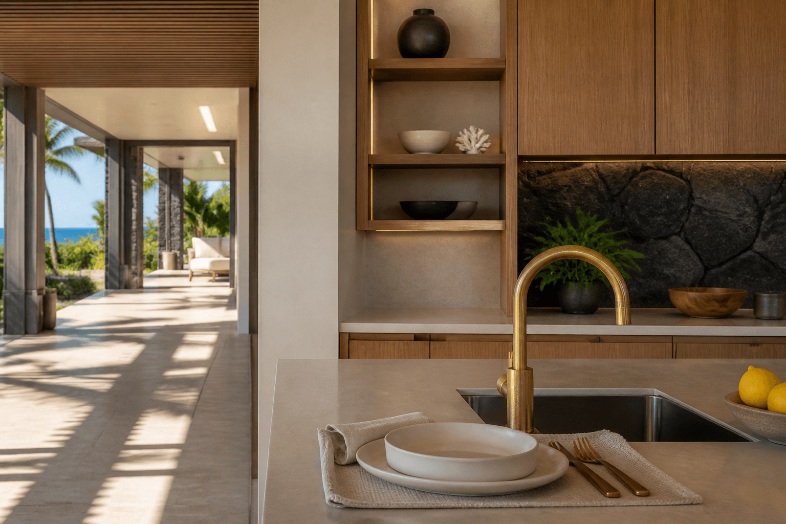 A Mauna Lani resort-residence kitchen in hard sun, unused ivory plates, lava-stone backsplash.