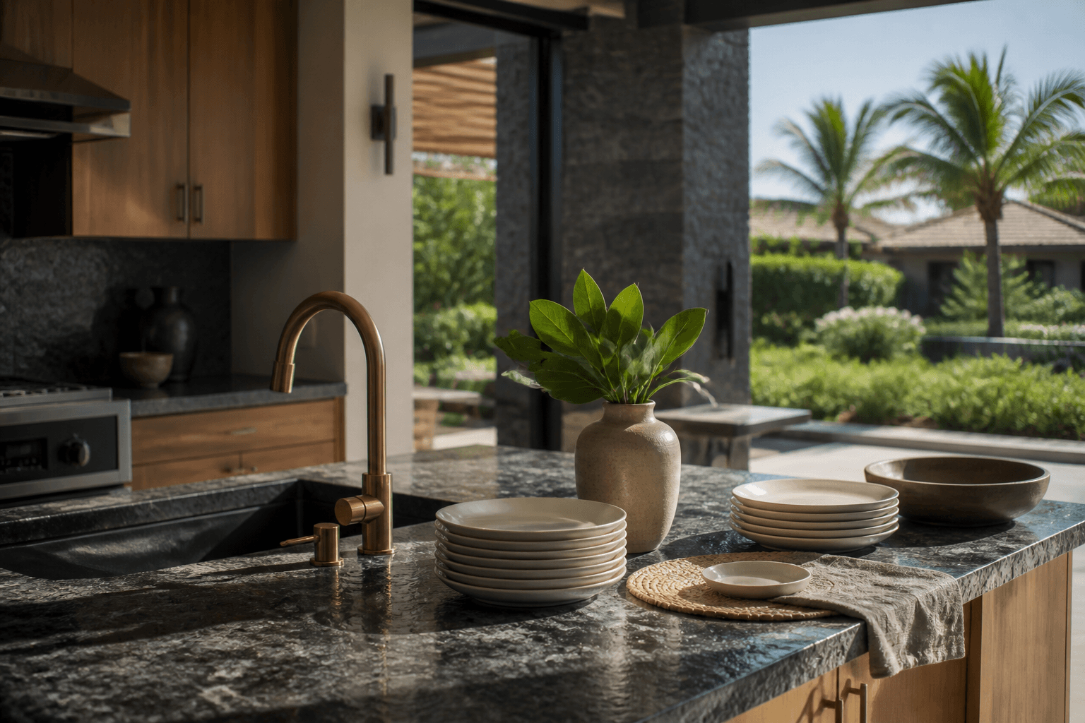 A Puakō Kohala Coast kitchen in hard sun, unused ivory plates, lava-stone residential.