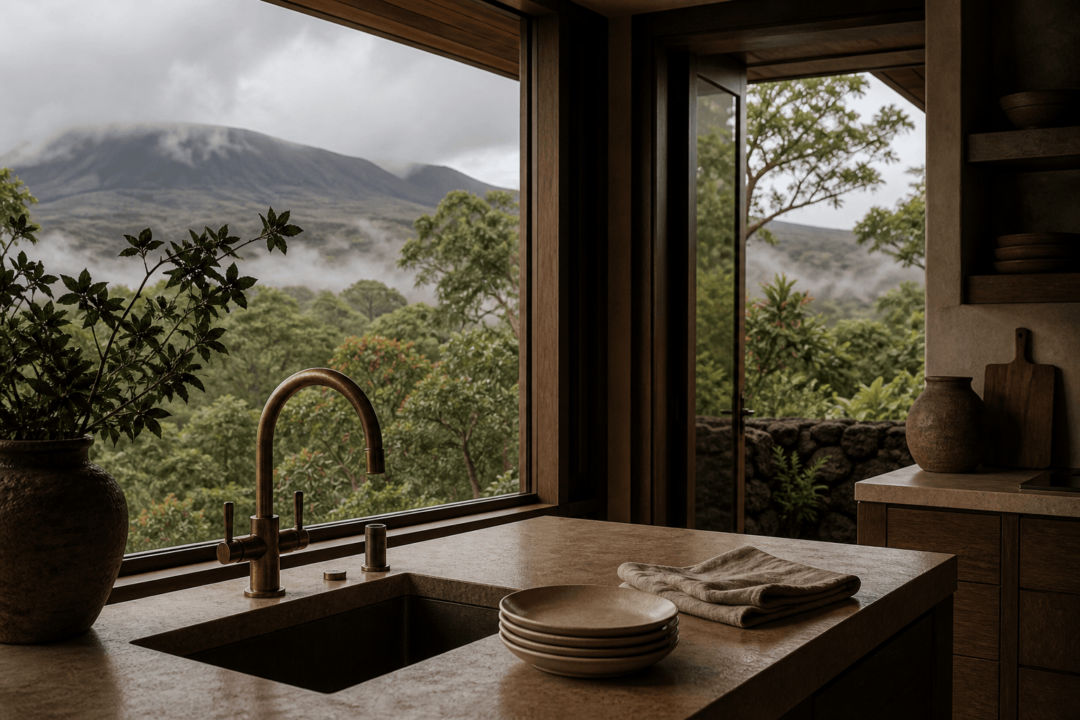 A Volcano lodge kitchen in mist, unused ivory plates, moss-green foliage, no theatrical glow.