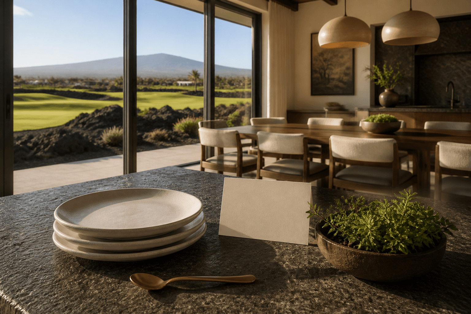 A Waikoloa lava-stone kitchen island, blank cream card, black lava in hard sun.