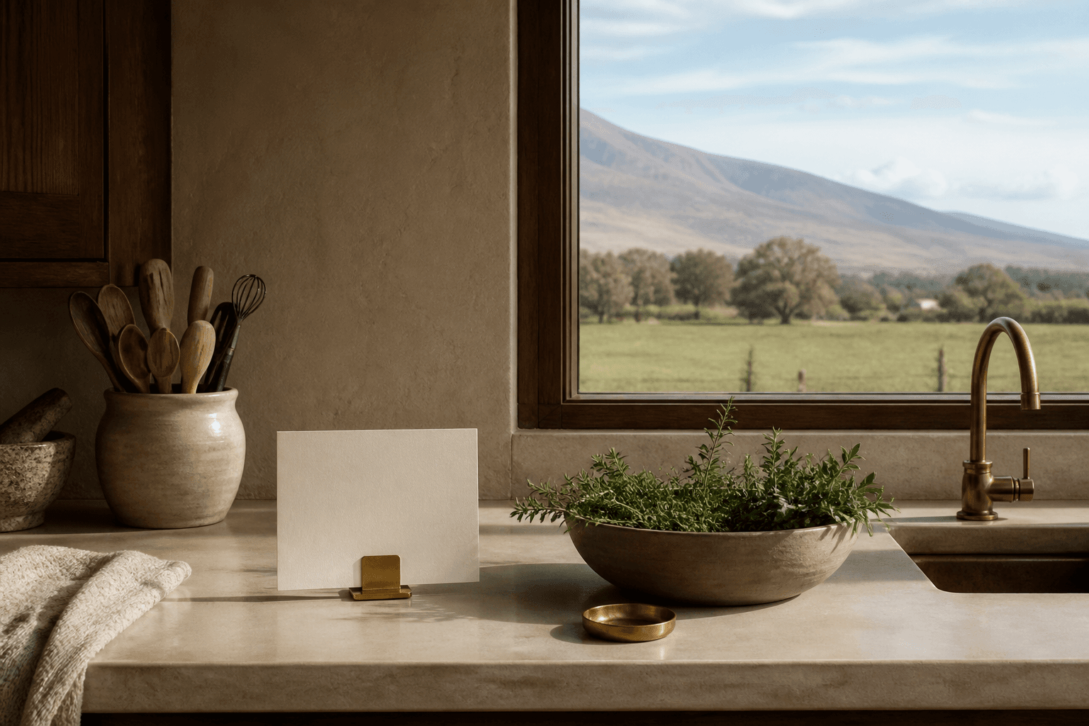 A Waimea ranch-country kitchen, blank cream card, pasture and a pale volcanic slope.