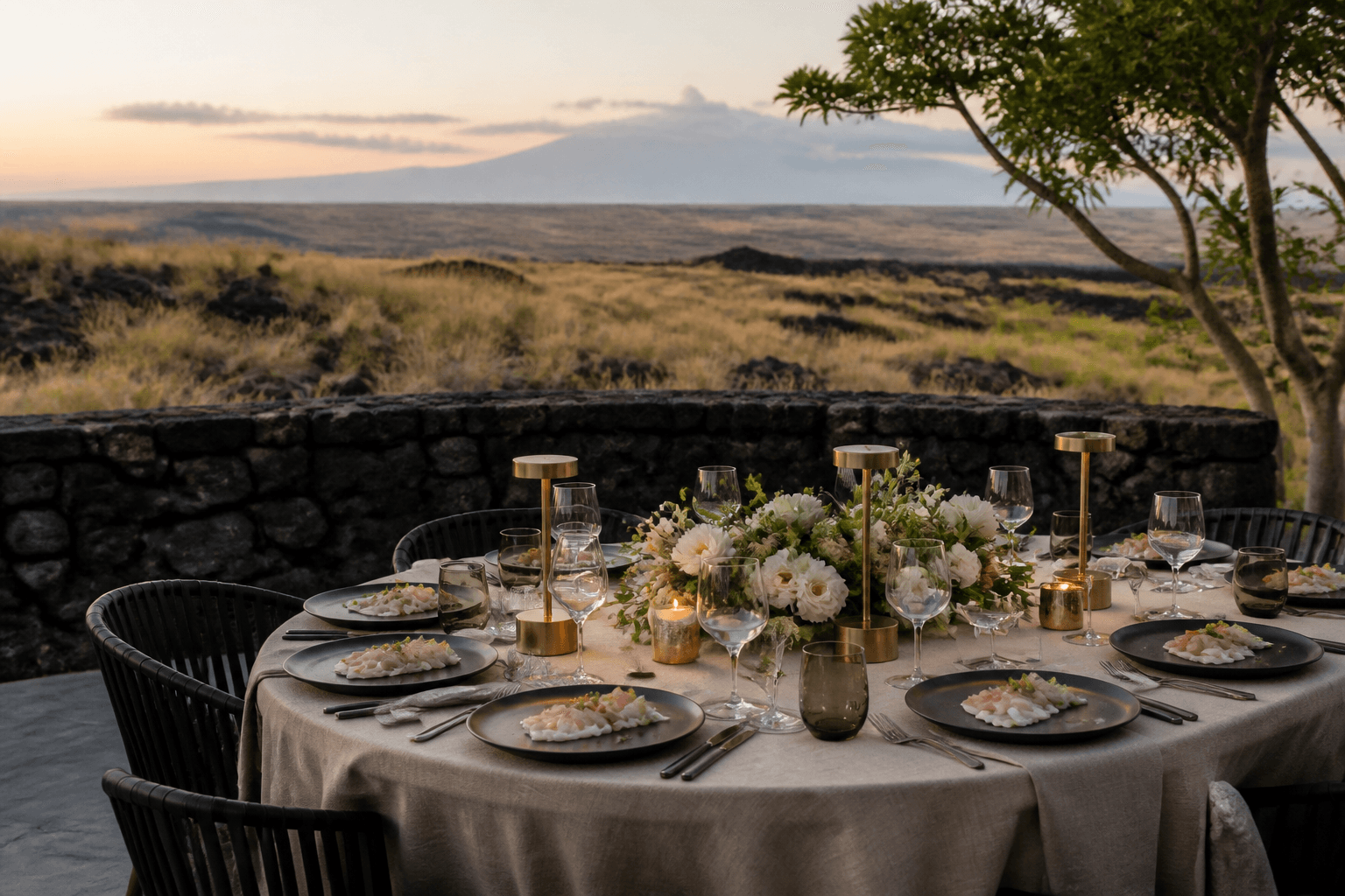 A Kohala celebration dinner — plated kanpachi for eight, Mauna Kea faint.
