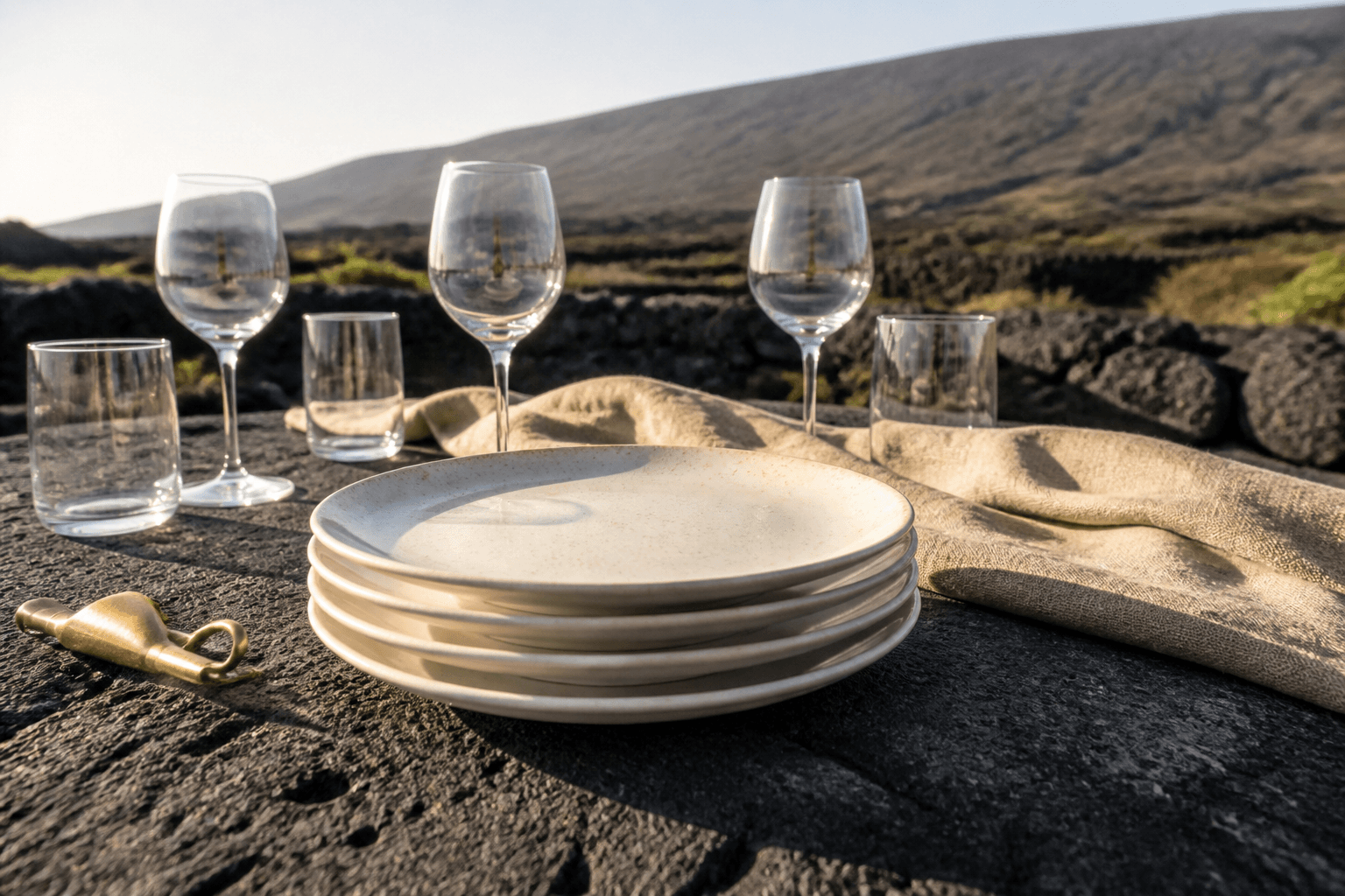 Unused ivory plates and empty glasses on a Kohala lava terrace in hard sun.
