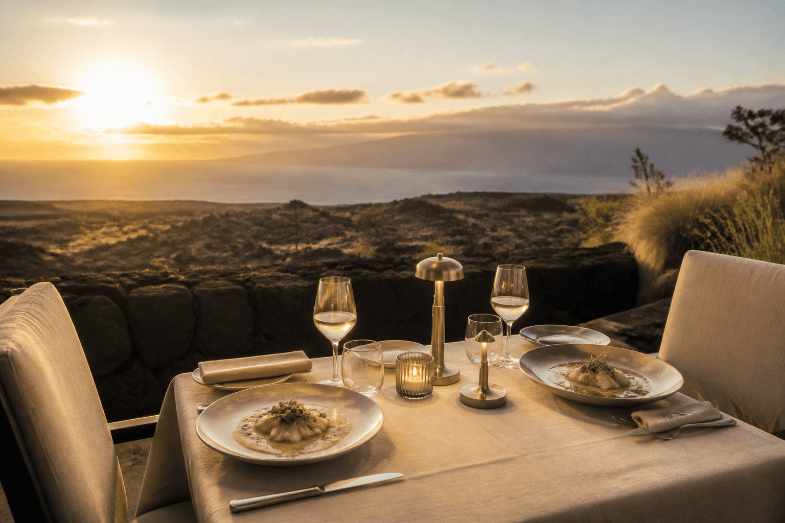Two seats on a Kohala lava terrace at sunset — plated kanpachi, Mauna Kea faint.
