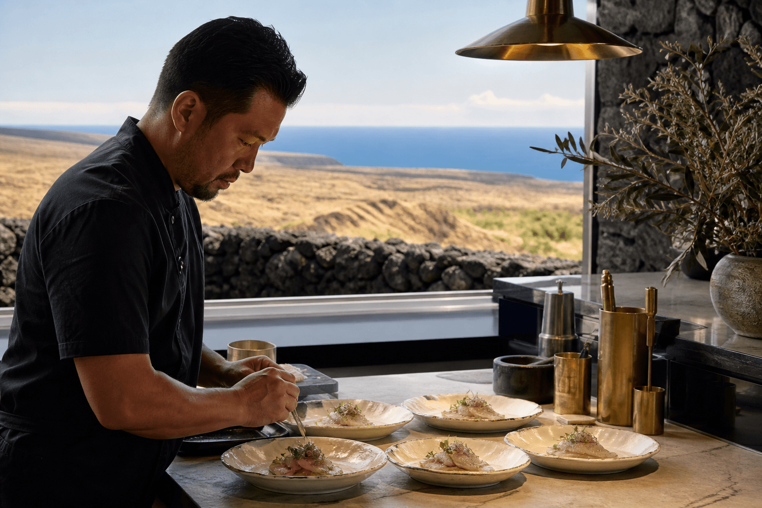 Kanpachi tasting plates in a Kona kitchen, lava and coffee slopes, hard sun.