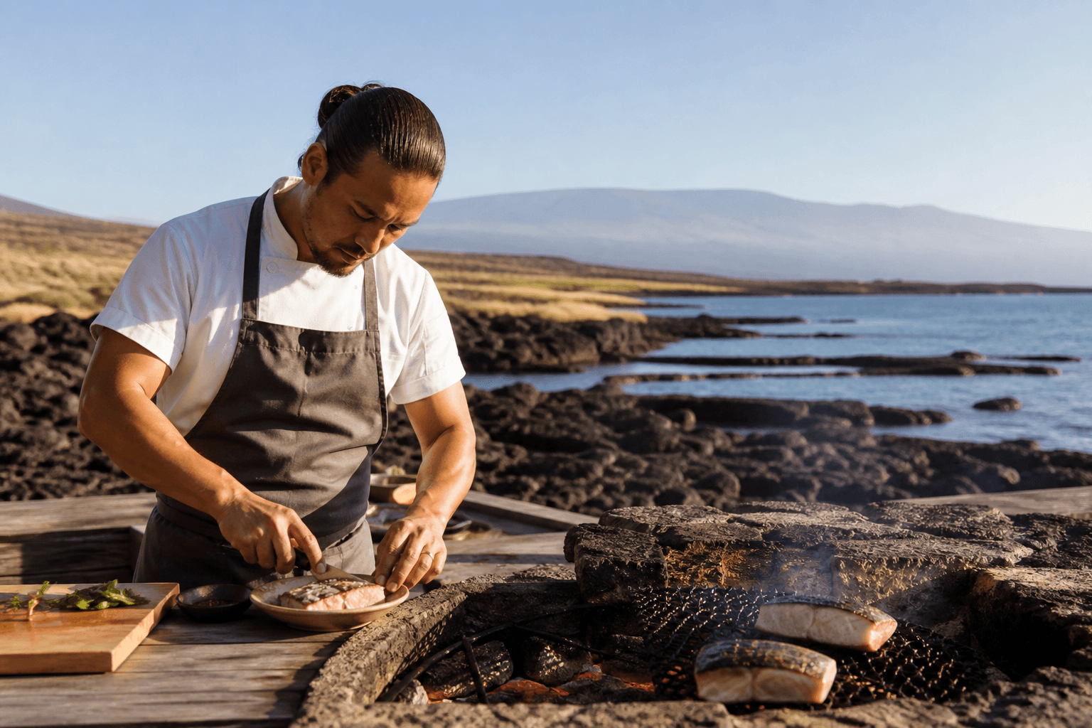 A Kohala lava-terrace grill — kanpachi, hard sun, Mauna Kea faint.