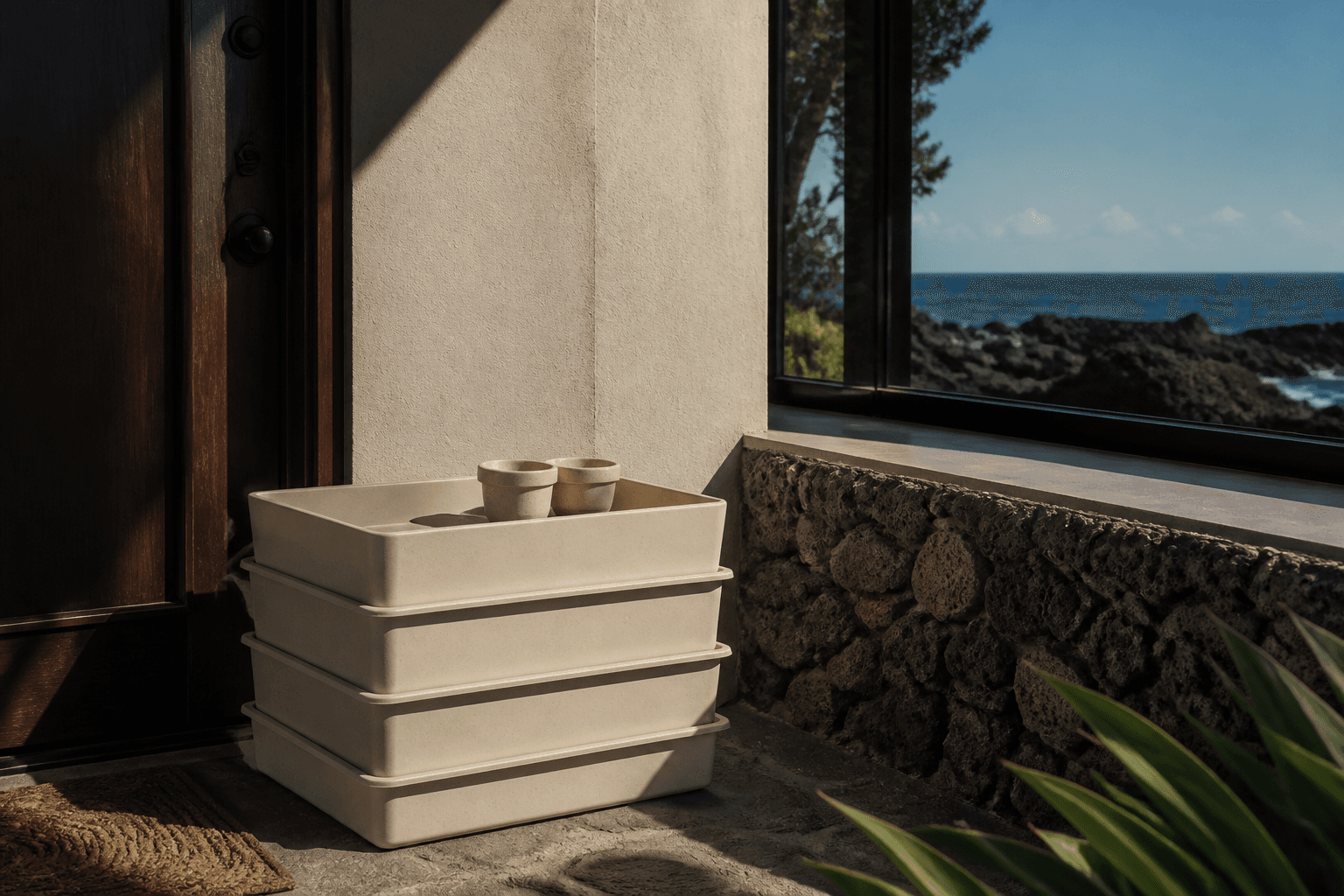 Trays at a Kona villa door, hard sun, unused pass — drop-off is not staffed service.