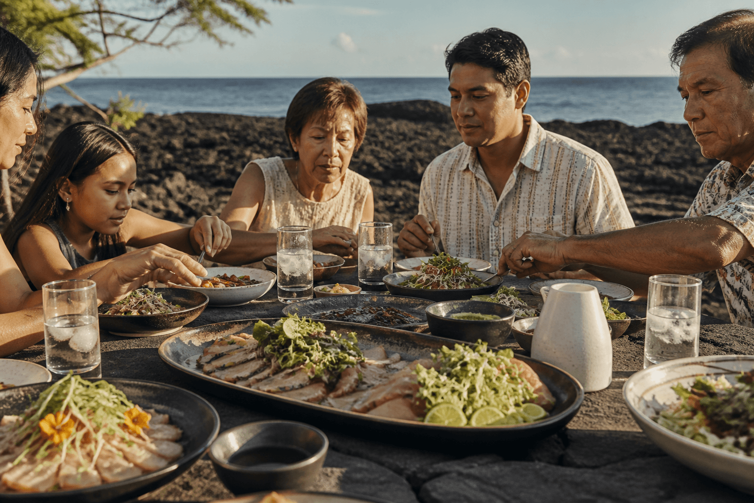 Shared platters on a Kona lava-terrace table, family-style kanpachi.