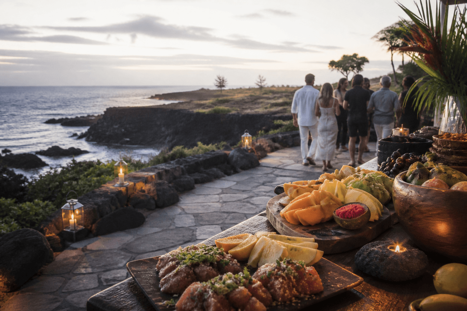 Grazing boards on a Kohala terrace — poke, fruit, lava, guests arriving from KOA.