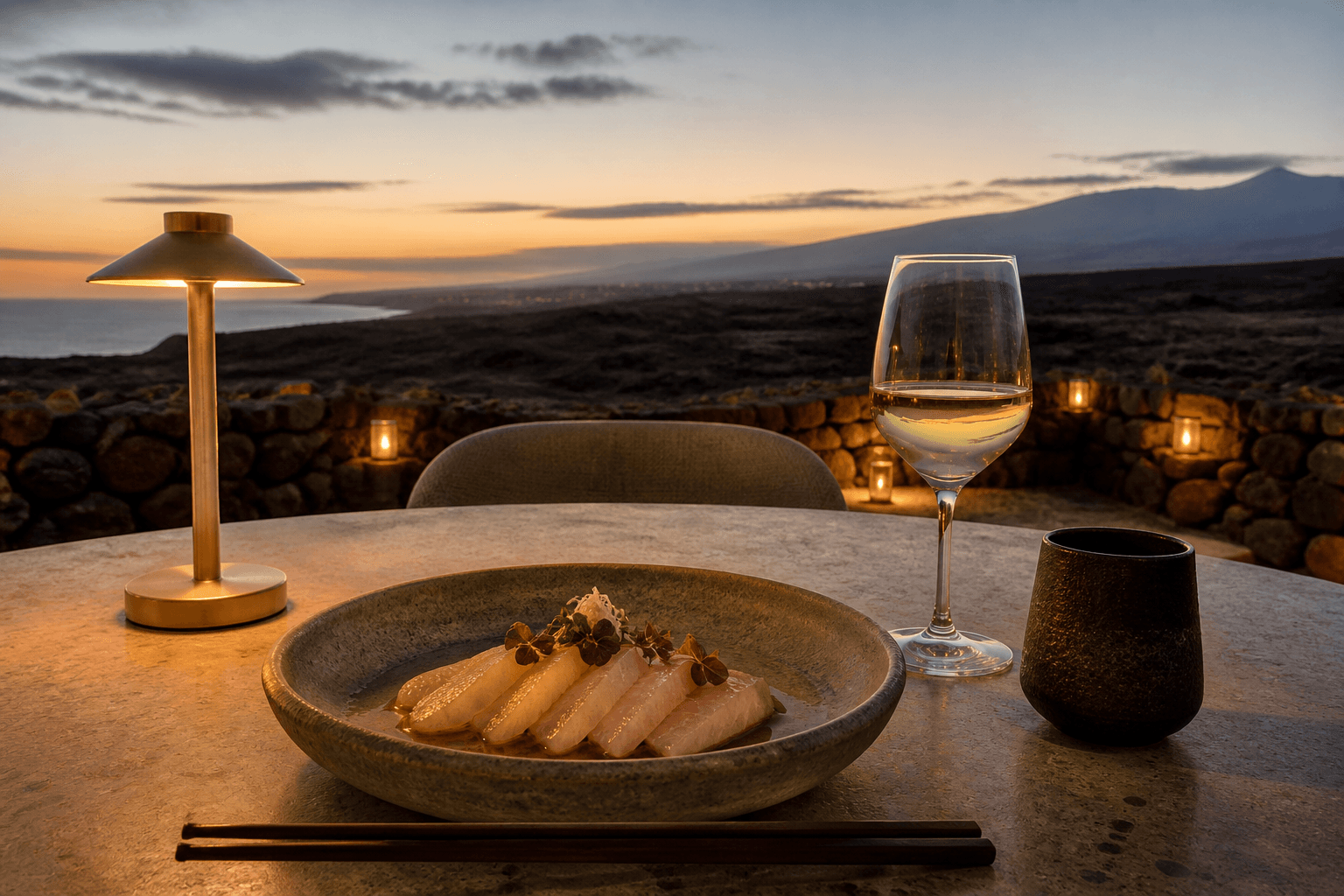 Coursed kanpachi on a Kohala dining table, lava terrace, Mauna Kea faint.