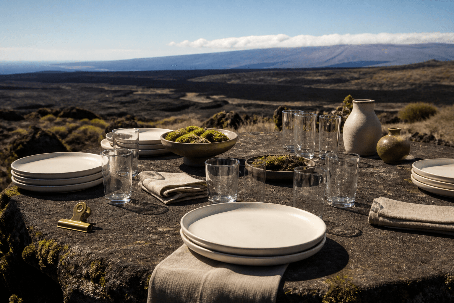 Unused ivory plates and extra glasses on a Kohala lava terrace in hard sun.