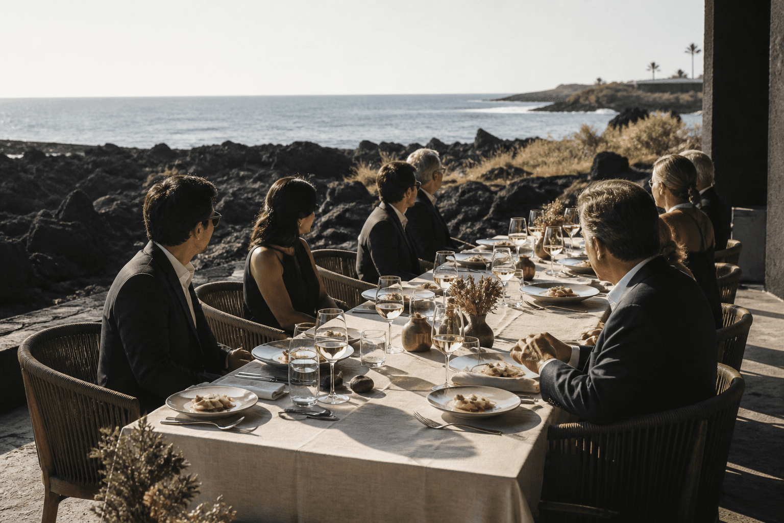 An executive dinner on a Waikoloa lava terrace — plated kanpachi, hard sun, not a Hilo ballroom.