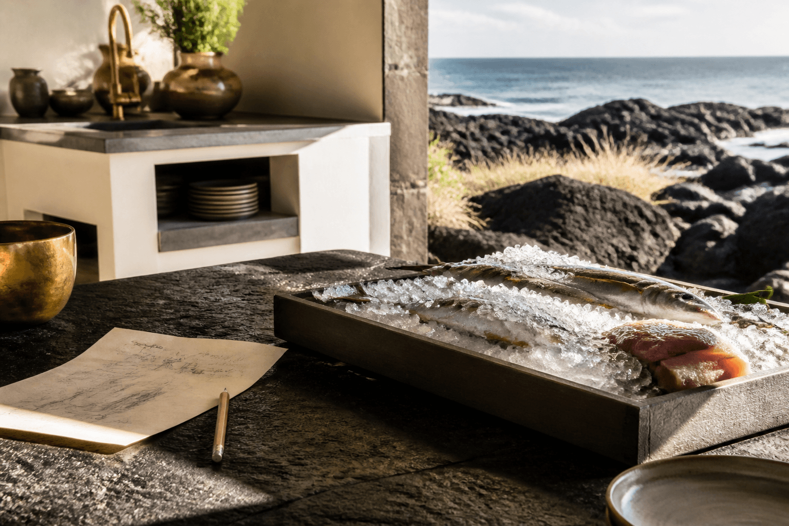 A Kohala kitchen with a pencil menu draft, kanpachi on ice, lava and hard sun.