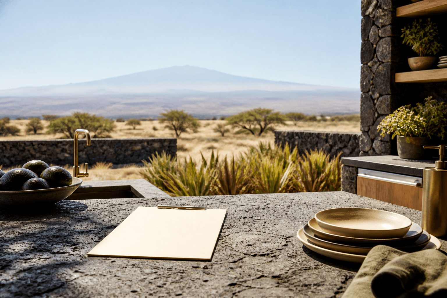 A Kona lava-terrace kitchen with a quote sheet on the counter, Mauna Kea faint in hard sun.