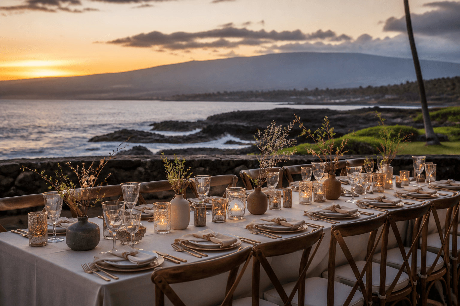 A Kohala wedding-week table on a lava terrace at sunset, Mauna Loa on the horizon.