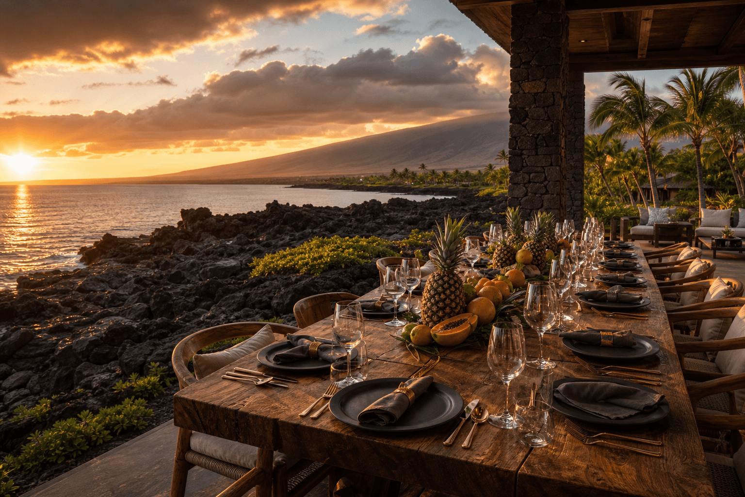 Private chef Big Island lava-coast terrace at sunset — fruit, wine, Mauna Loa on the horizon.