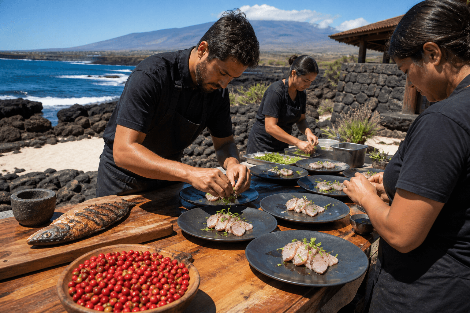 Kohala Coast catering on a lava terrace in hard sun — kanpachi plates, Mauna Kea in the distance.
