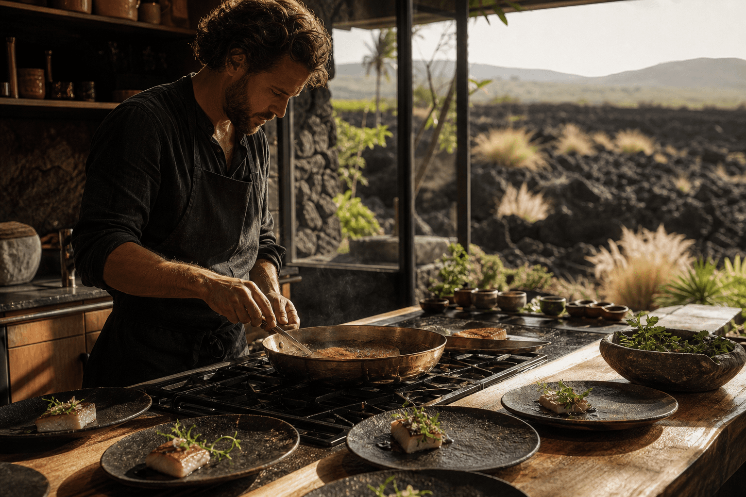 A personal chef searing fish in a Kona villa kitchen, coffee slopes and dry lava beyond the window.