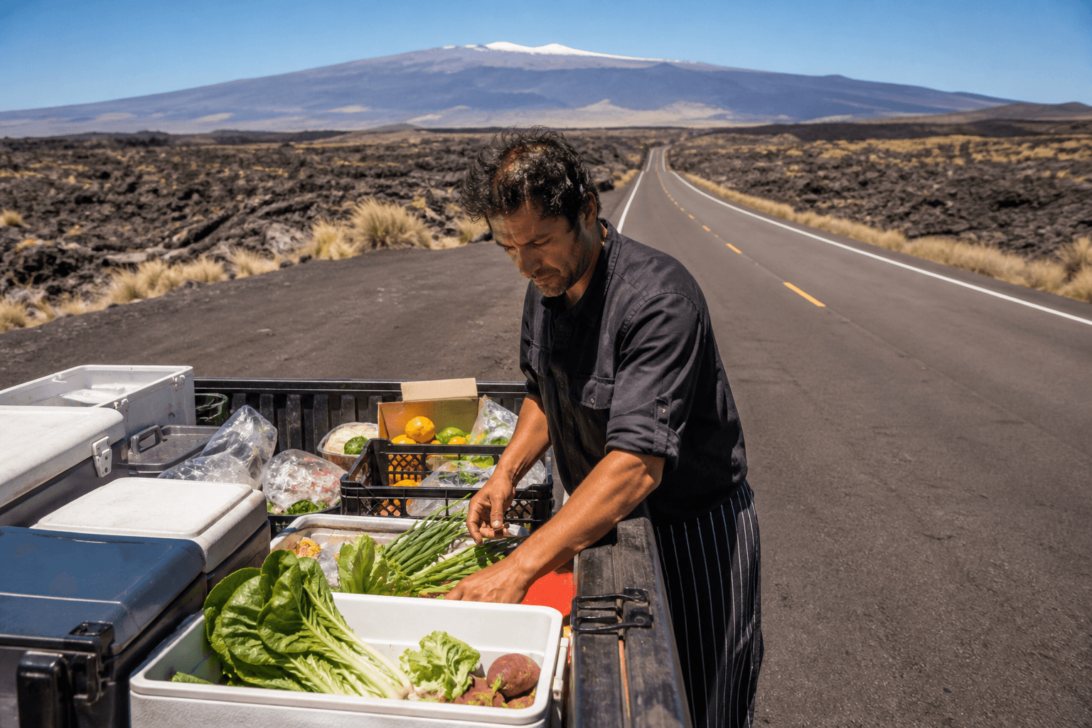 A long lava highway on the west side — chef with coolers, Mauna Kea distant.