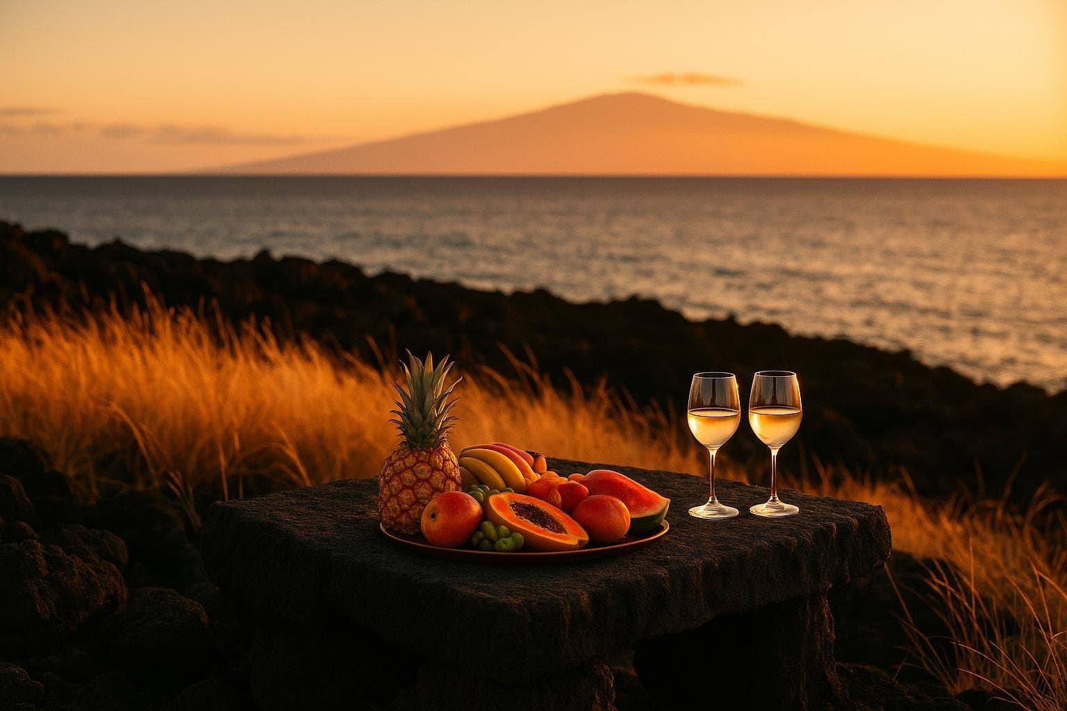 A Kohala Coast lava-terrace table on Hawaiʻi Island at sunset, tropical fruit and wine glasses with Mauna Kea beyond.