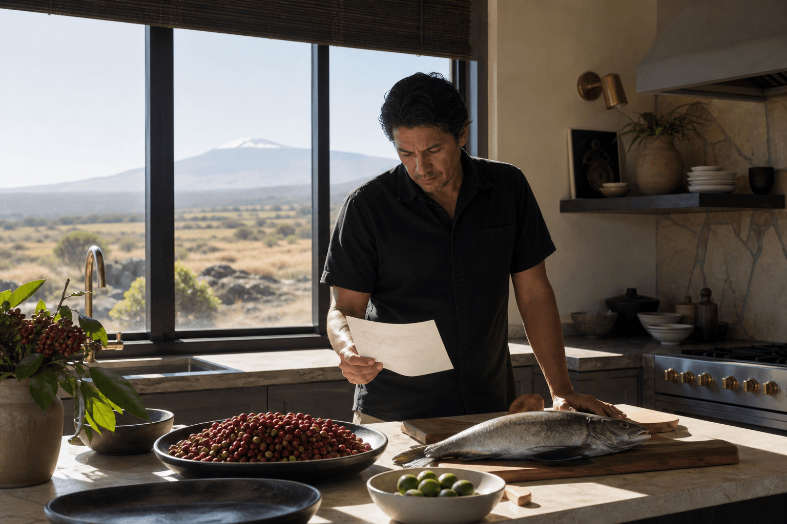 A Kona kitchen in hard sun — chef with a written quote, coffee cherries and fish, Mauna Kea faint.