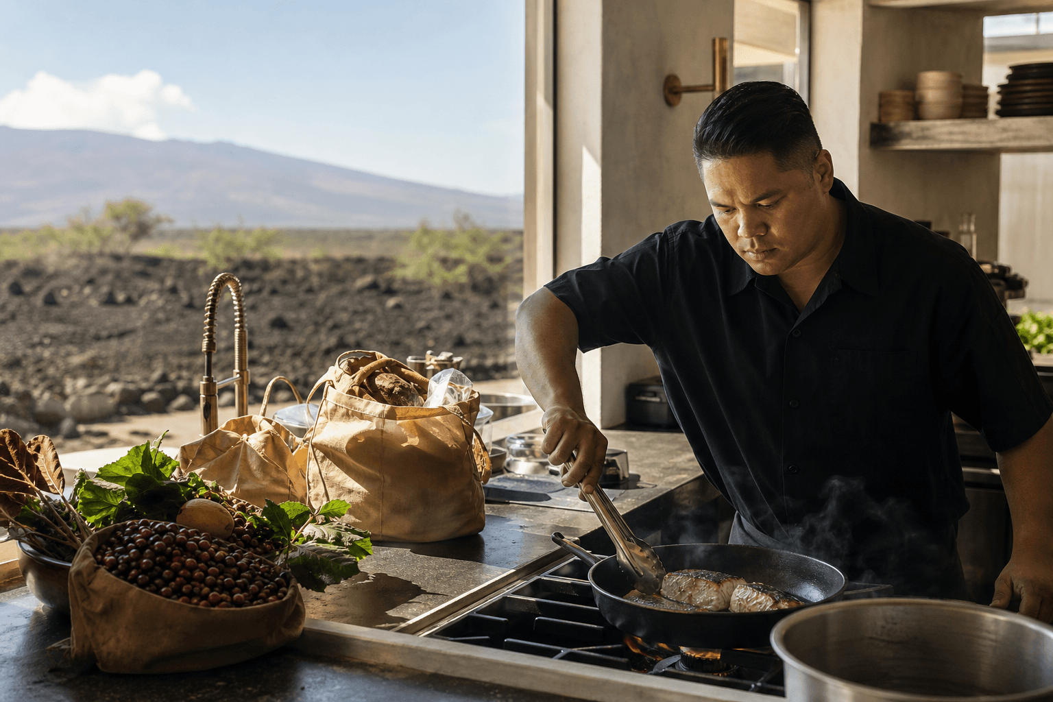 A Kona kitchen — chef searing fish, produce bags and coffee cherries, lava beyond the window.