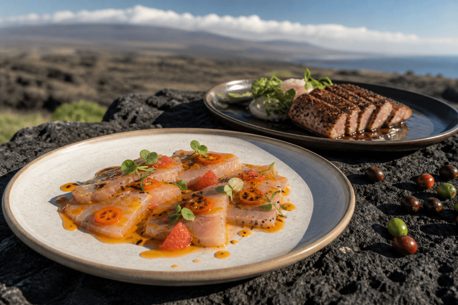 Kanpachi crudo and coffee-rubbed catch on a Kohala lava terrace, Mauna Kea faint.