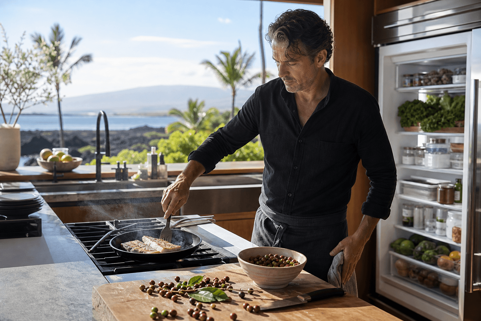A Kohala vacation chef searing breakfast fish, coffee cherries on the board, Mauna Kea faint.