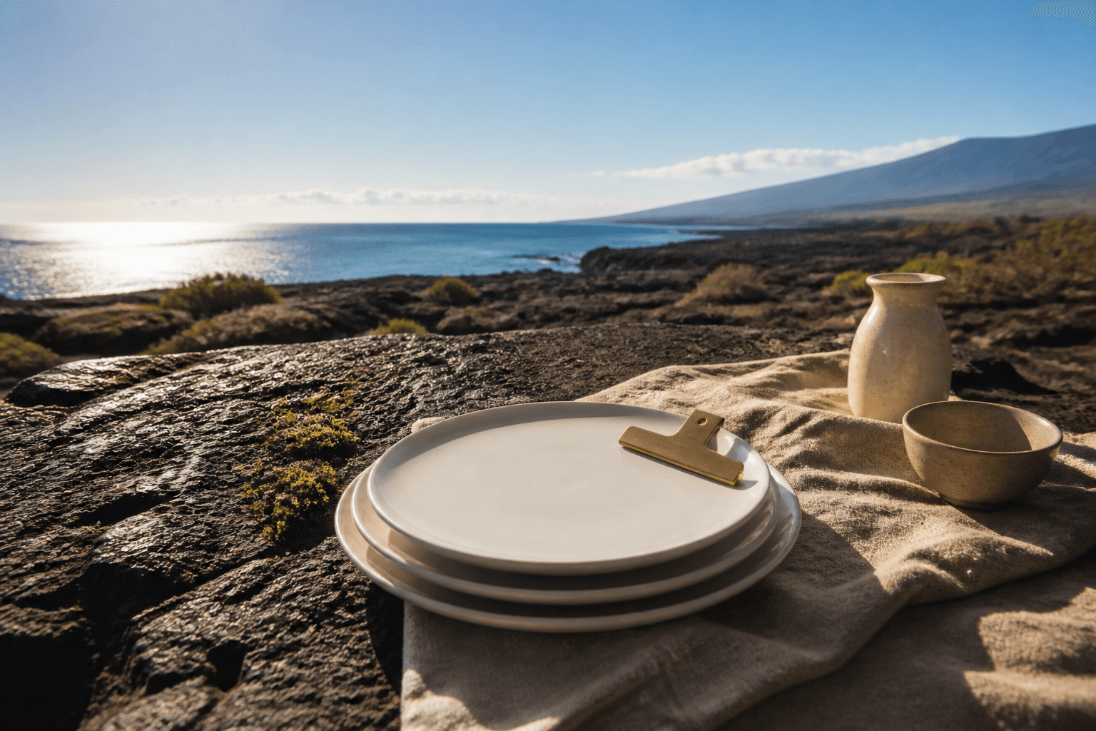 Unused ivory plates on a Kohala lava terrace in hard sun, open Pacific horizon.