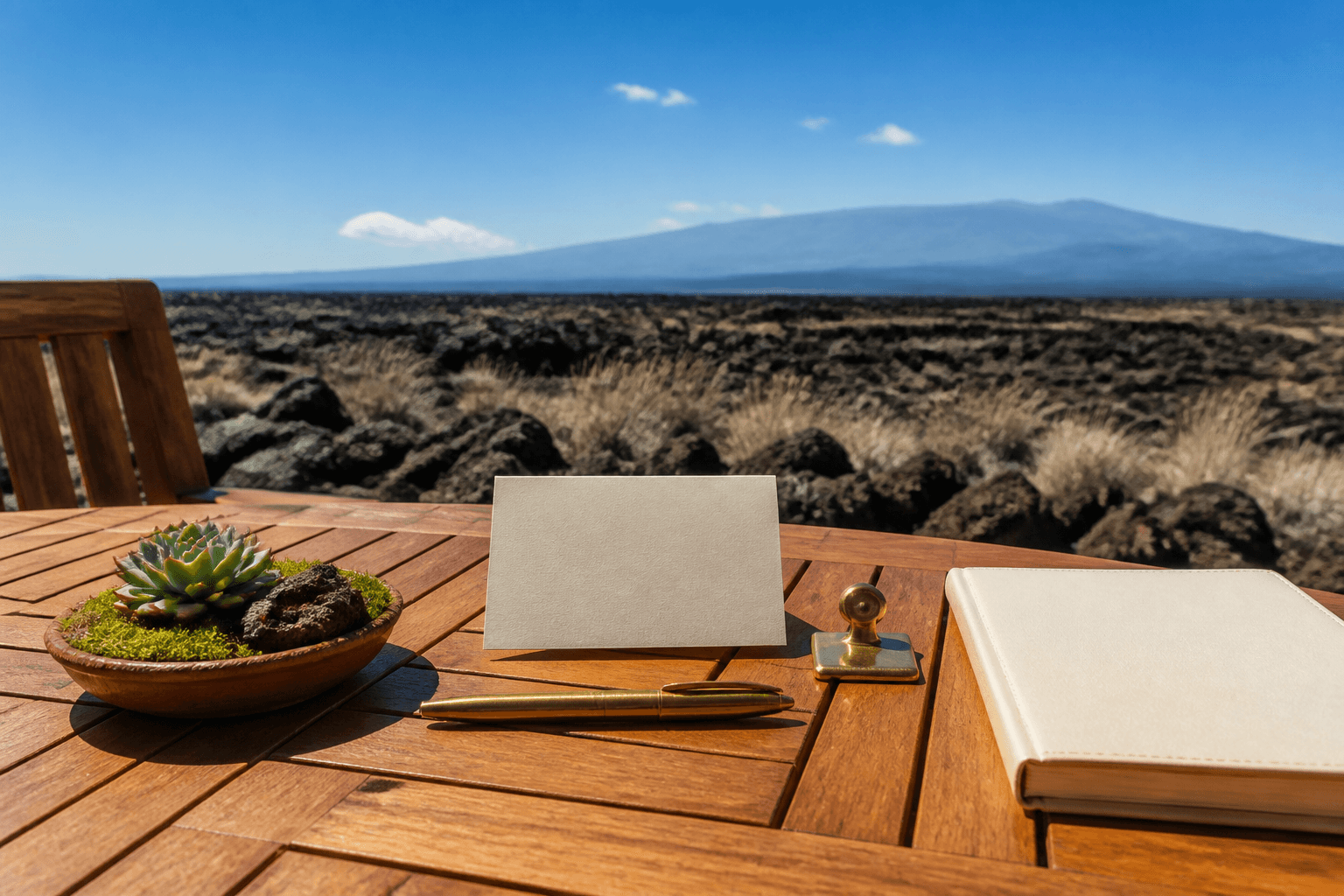 A blank cream card and brass pen on a Kohala lava-terrace table in hard sun.