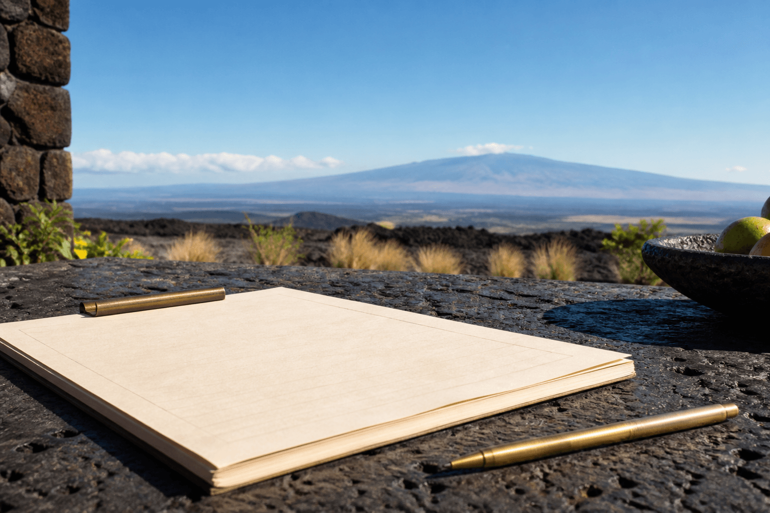 An itemised west-side inquiry draft on cream paper on a Kohala lava-stone counter, hard sun.