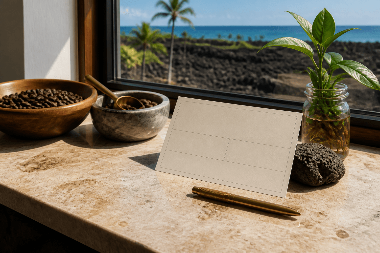 A five-field inquiry card on a Kona window-kitchen counter, coffee slope and dry lava in hard sun.