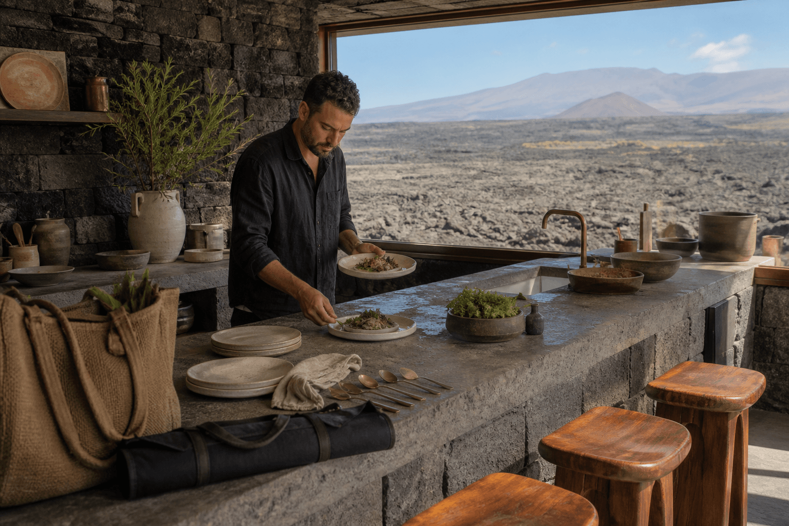 Grocery tote, ivory plates, and sand linen on a Kona lava-stone counter in hard sun.