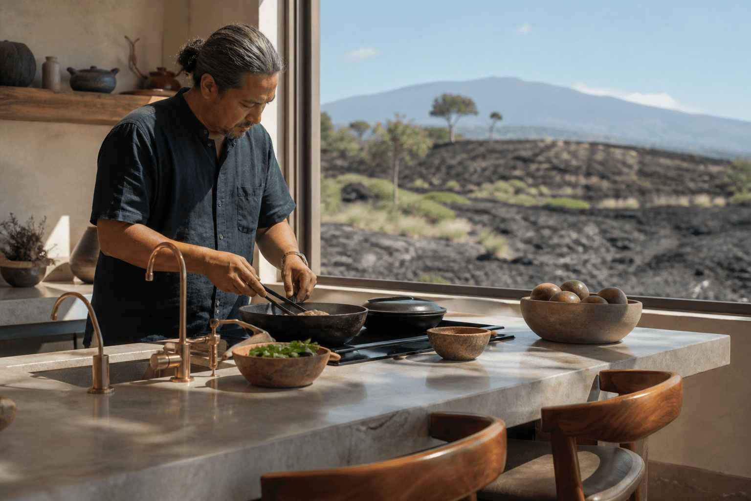 A chef at a Kona lava-stone villa cooktop in hard sun, Mauna Kea faint through the window.