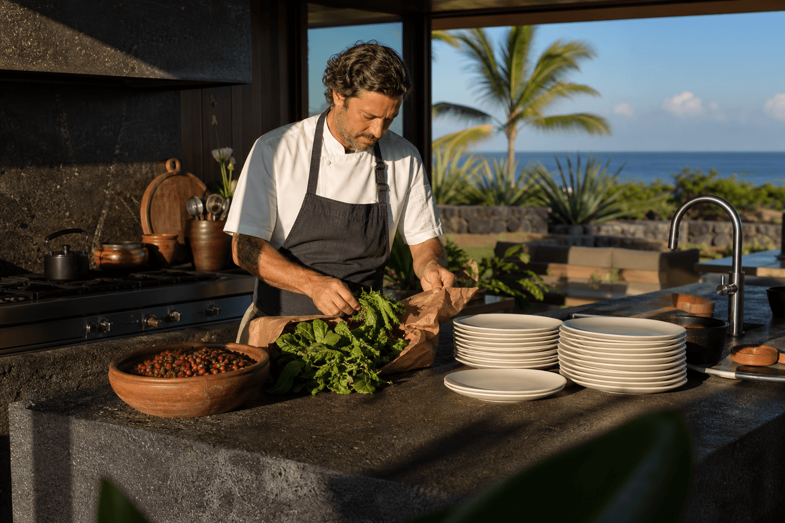 A chef stacking unused ivory plates beside unmarked produce in a Waikoloa kitchen, lava coast morning, clay bowl of coffee cherries.
