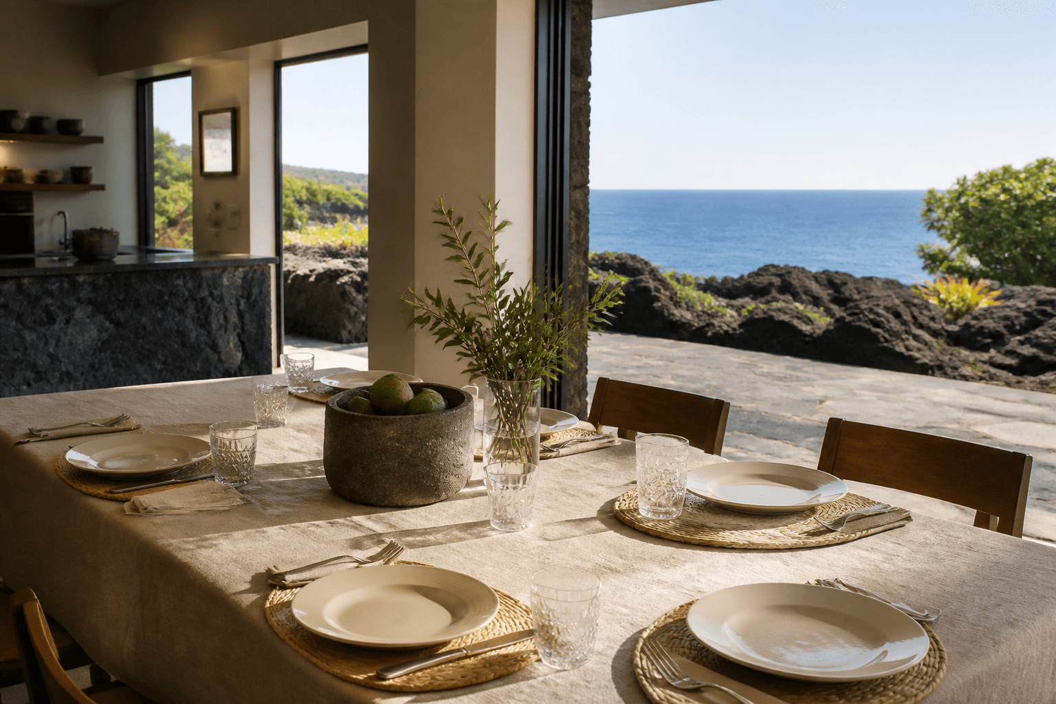 A west-side house dining table on a lava terrace, empty ivory plates, hard sun.
