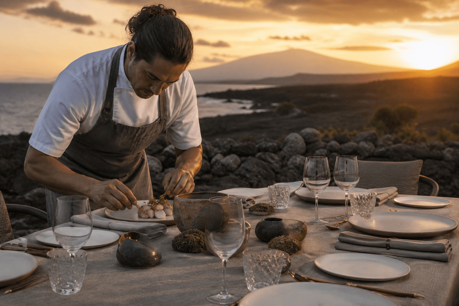A chef plating kanpachi on a Kohala lava-terrace table at sunset, unused extra ivory settings, Mauna Kea faint.