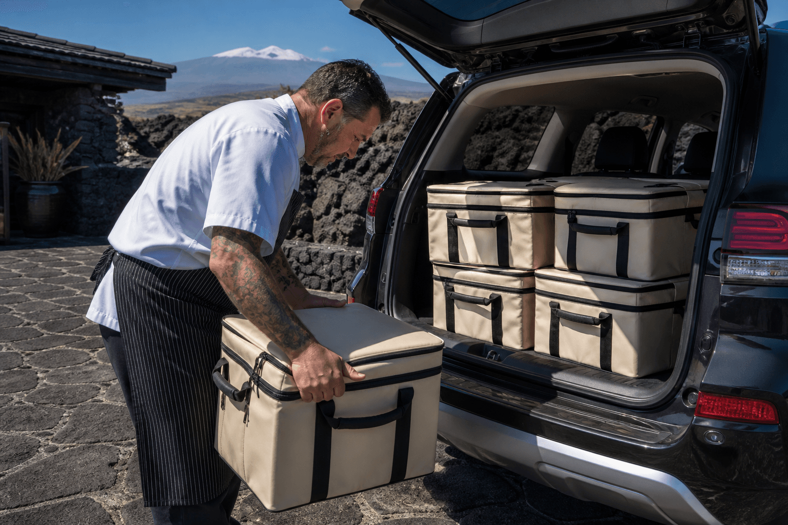 A chef loading stacked canvas coolers on a Kohala lava courtyard in hard sun, unused ivory plates, Mauna Kea faint.