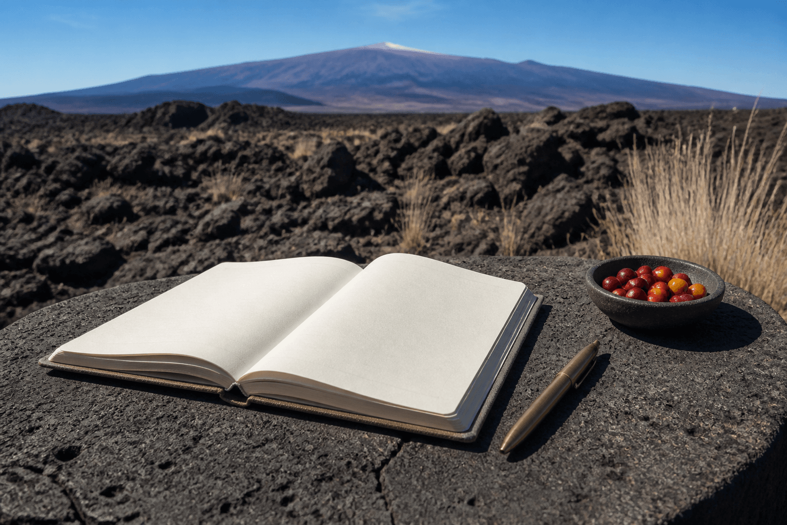 An open cloth-bound journal on a Kohala lava table in hard sun, coffee cherries nearby.