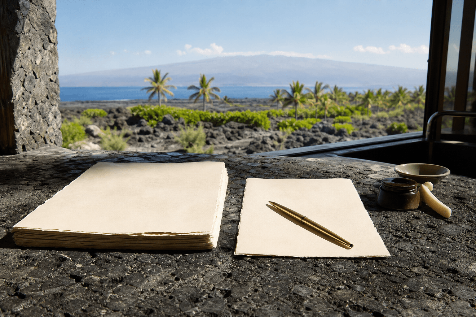 Cream booking notes on a Kohala lava-stone counter in hard sun, Mauna Kea faint in the distance.