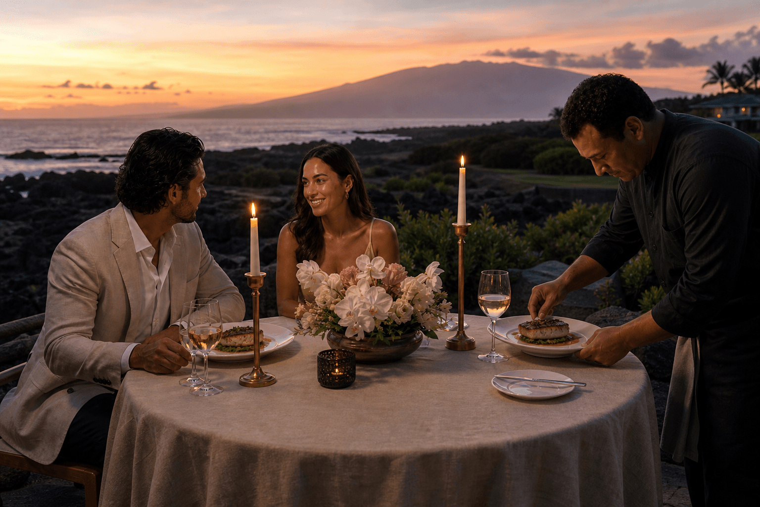 An outdoor Kohala Coast table with plated fish, Mauna Kea in the distance.