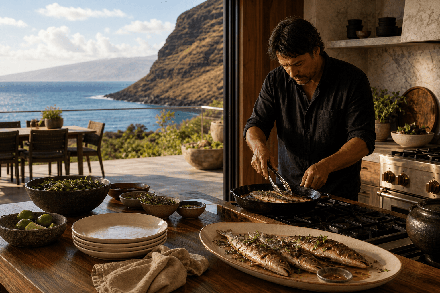 Searing fish in a Kona kitchen, coffee slopes and dry lava beyond the window.