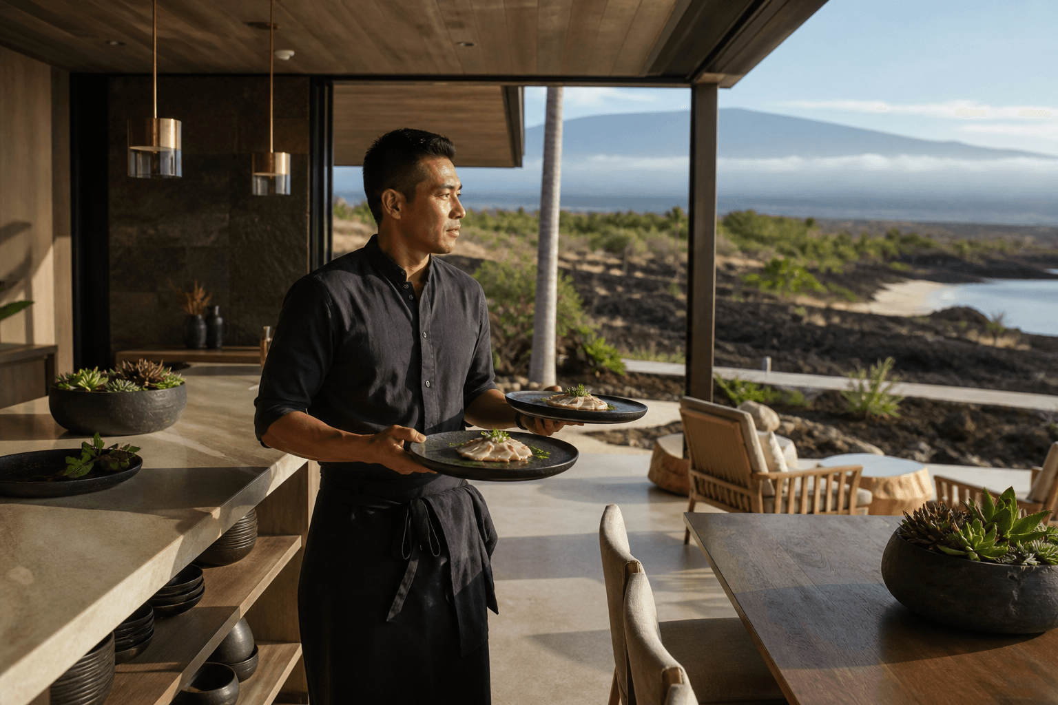 Waikoloa resort-residence kitchen in hard Kohala sun — plated kanpachi, lava terrace, Mauna Kea faint.
