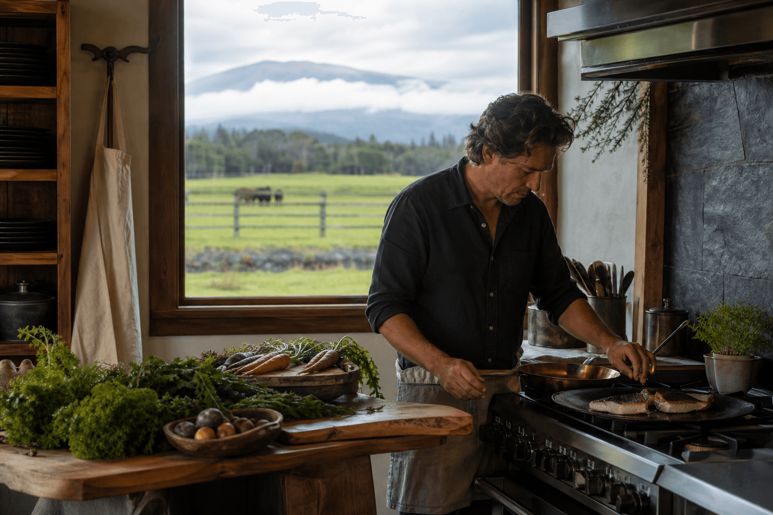 Waimea ranch-country kitchen in cool mist — searing fish, pasture and Mauna Kea in cloud, no ocean.