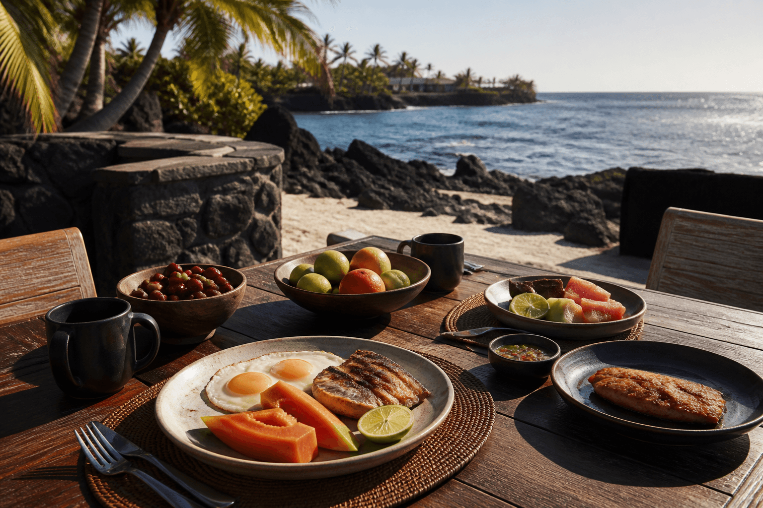 Breakfast on a Kona lava terrace — eggs, fruit, breakfast fish, hard sun.