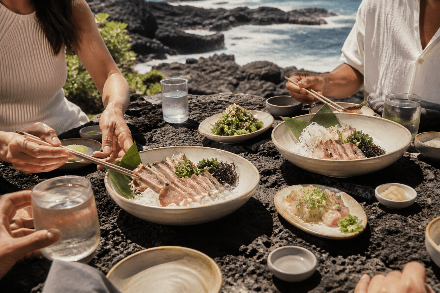 Shared family-style kanpachi platters on a Kona lava-terrace table, hard sun.