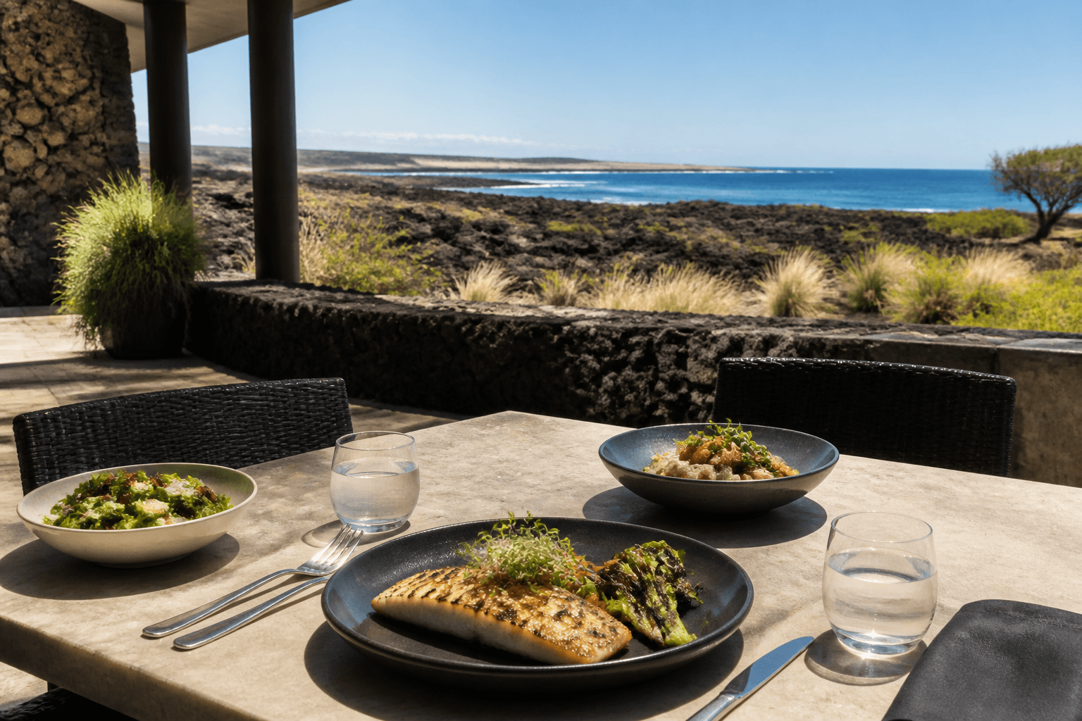 Midday lunch in a Waikoloa residence — grilled kanpachi, lava terrace, hard sun.