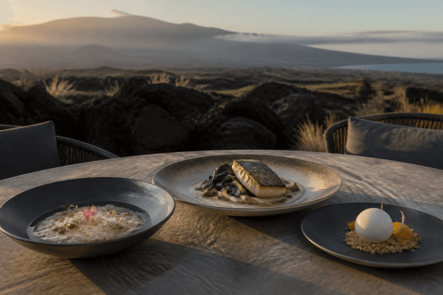 Three plated courses on a Kohala table — kanpachi crudo, seared fish, dessert, Mauna Kea faint.